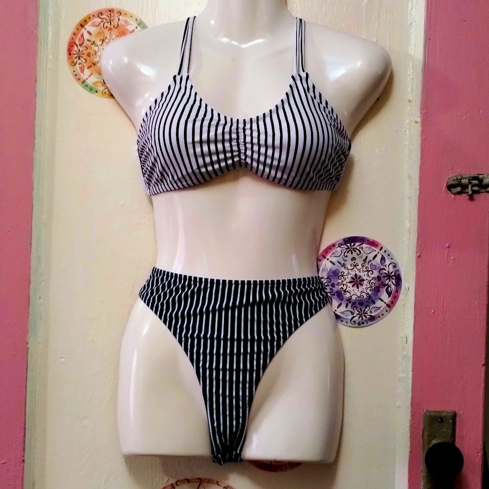 Felnart Striped Bikini - Strappy Criss Cross Top w High Waist Bottom (M) Blue